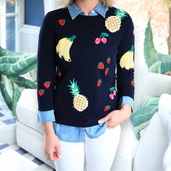 Talbots Petite Size Small Fruit Embroidered On Black 3/4 Sleeve Sweater - Picture 1 of 5